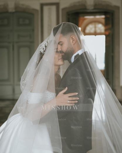 Elegant White Ball Gown Strapless Off-The-Shoulder Sleeveless Beaded Cathedral Train Satin Wedding Dress With Peals