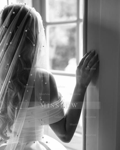 Elegant White Ball Gown Strapless Off-The-Shoulder Sleeveless Beaded Cathedral Train Satin Wedding Dress With Peals