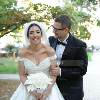Elegant White Ball Gown Strapless Off-The-Shoulder Sleeveless Beaded Sweep Train Satin Wedding Dress