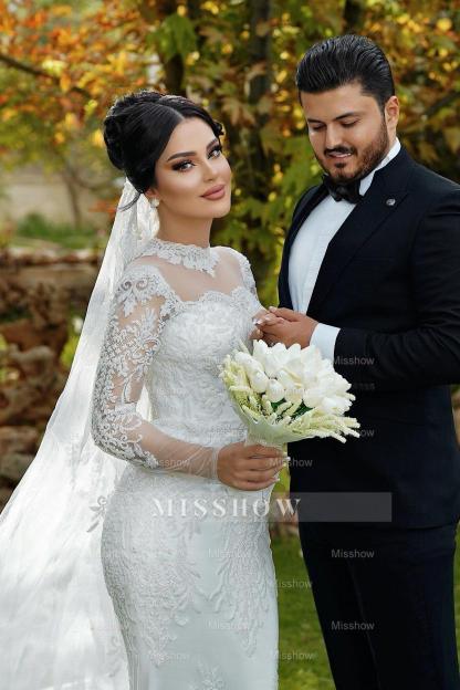 Elegant White Mermaid High-Neck Lace Long Sleeves Sequined Tulle Wedding Dresses With Appliques