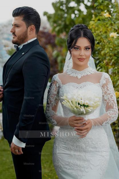 Elegant White Mermaid High-Neck Lace Long Sleeves Sequined Tulle Wedding Dresses With Appliques