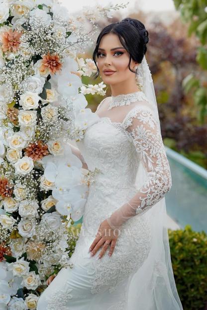 Elegant White Mermaid High-Neck Lace Long Sleeves Sequined Tulle Wedding Dresses With Appliques
