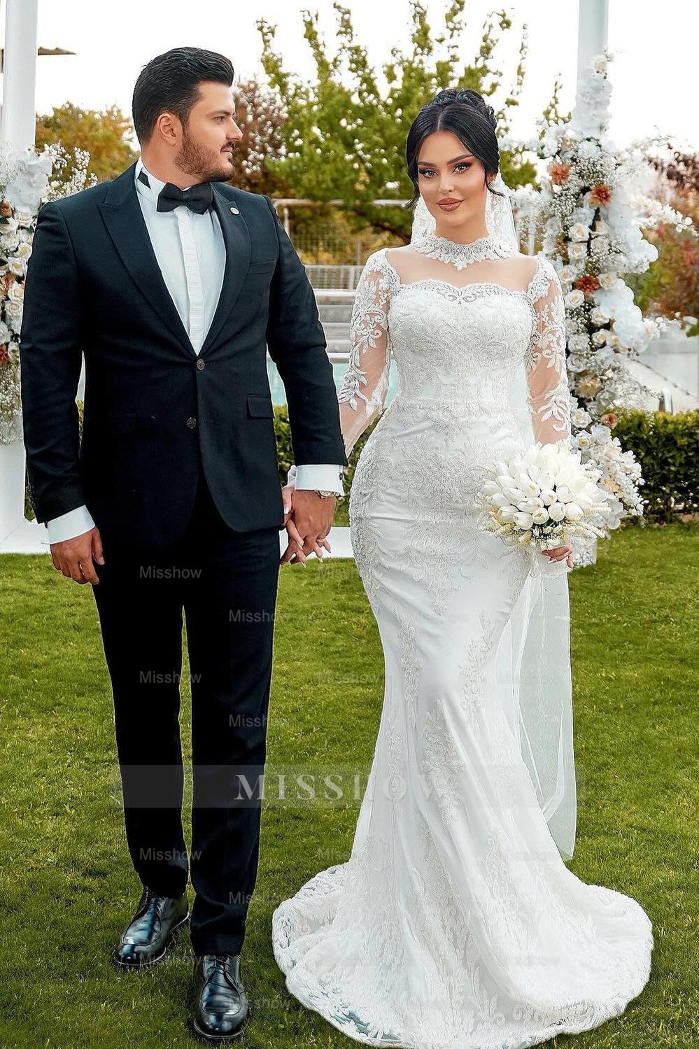 Elegant White Mermaid High-Neck Lace Long Sleeves Sequined Tulle Wedding Dresses With Appliques