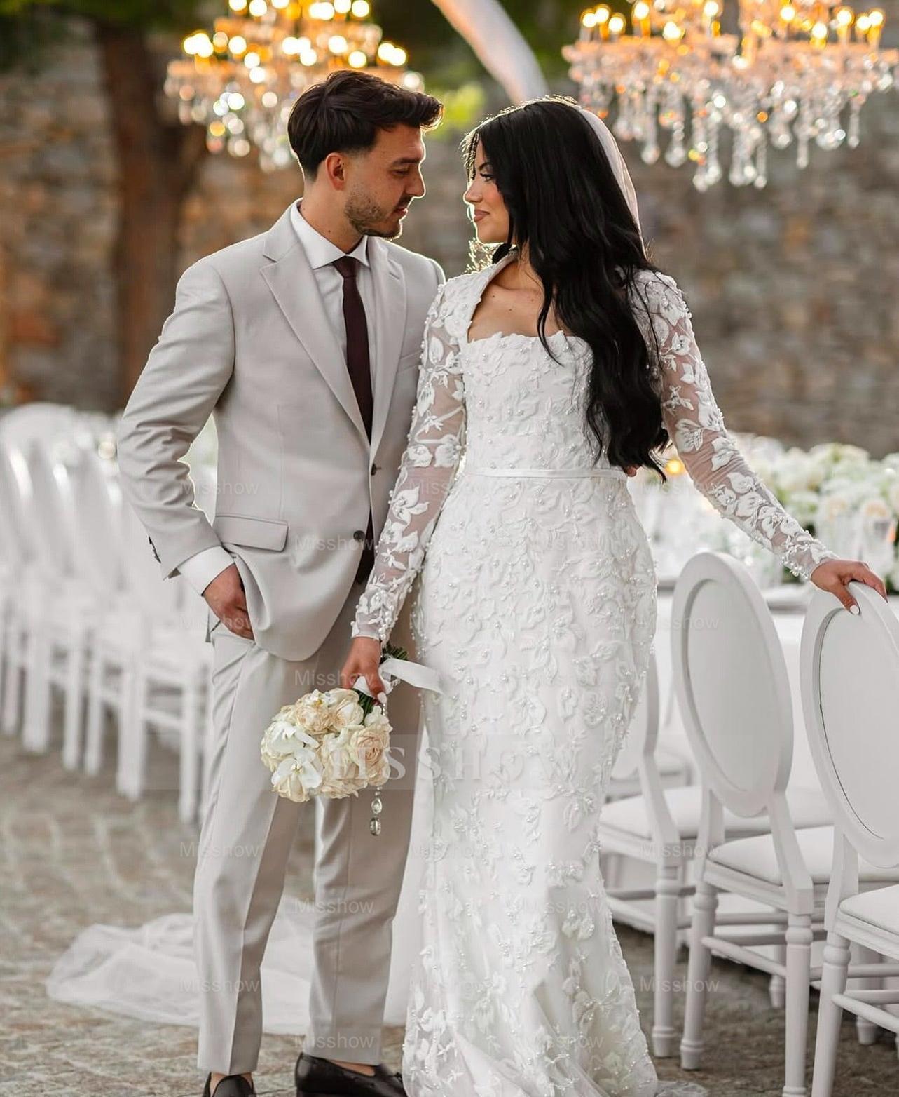 Elegant White Mermaid Lace Square Long Sleeves Beaded Long Wedding Dresses With Pearls