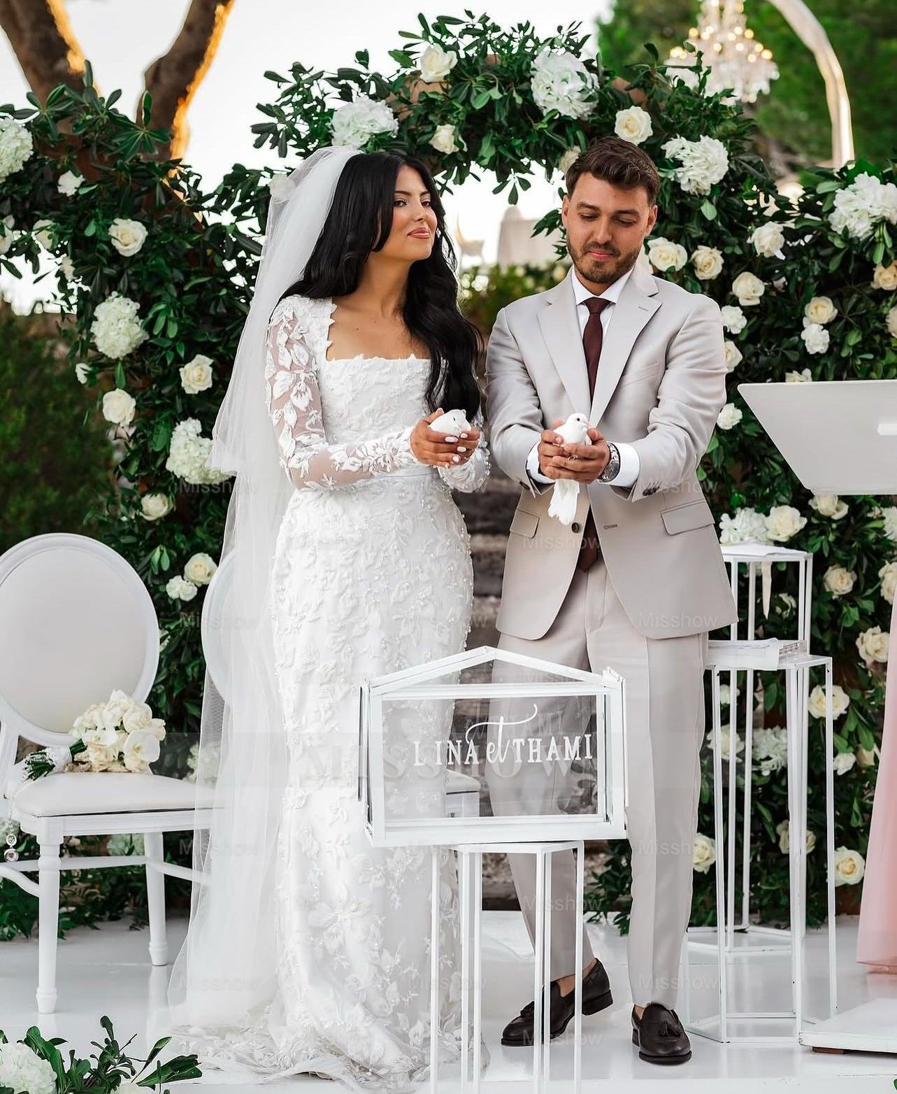 Elegant White Mermaid Lace Square Long Sleeves Beaded Long Wedding Dresses With Pearls