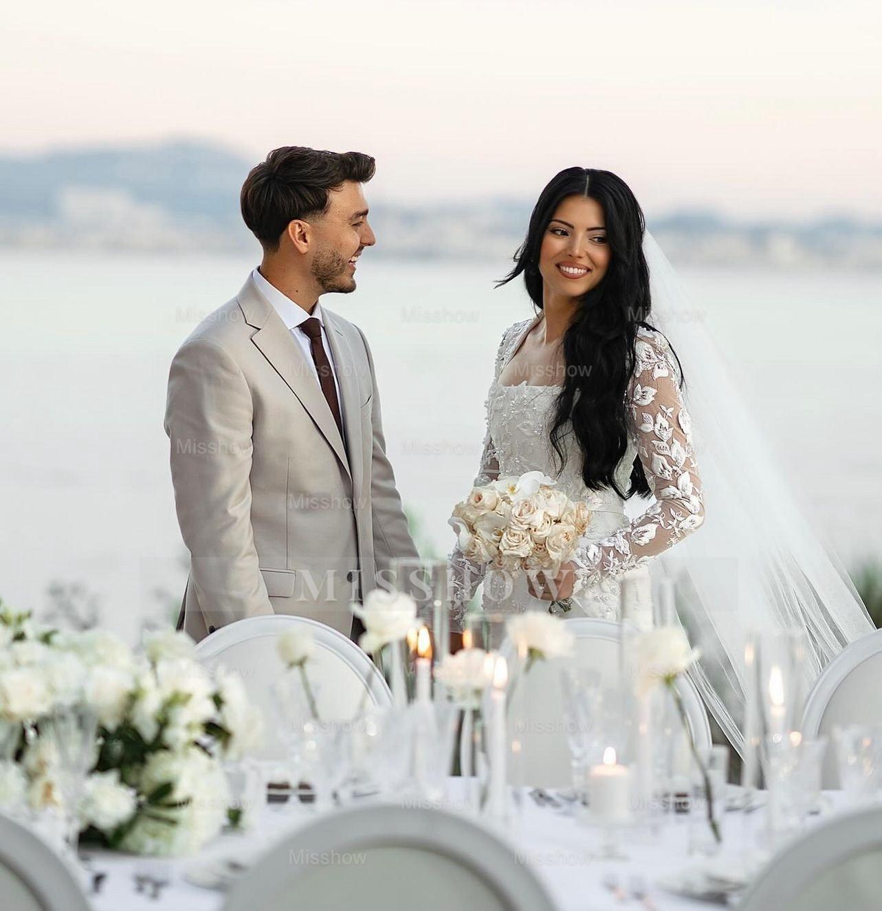 Elegant White Mermaid Lace Square Long Sleeves Beaded Long Wedding Dresses With Pearls