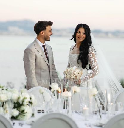 Elegant White Mermaid Lace Square Long Sleeves Beaded Long Wedding Dresses With Pearls