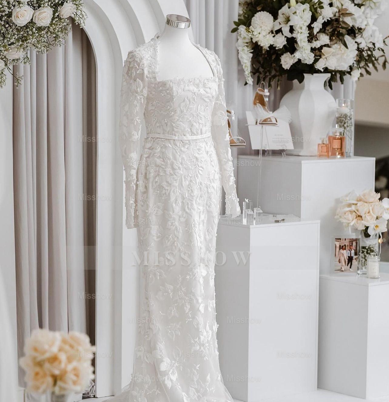 Elegant White Mermaid Lace Square Long Sleeves Beaded Long Wedding Dresses With Pearls