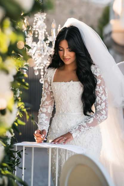 Elegant White Mermaid Lace Square Long Sleeves Beaded Long Wedding Dresses With Pearls