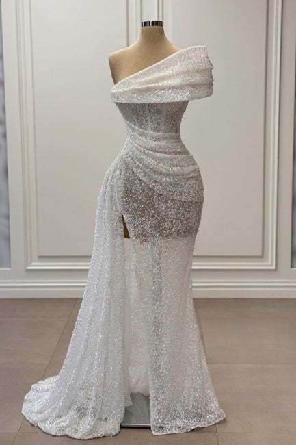 Elegant White Mermaid One-Shoulder Sleeveless Sequined Panel Train Ruffle Tulle Prom Dresses With Slit