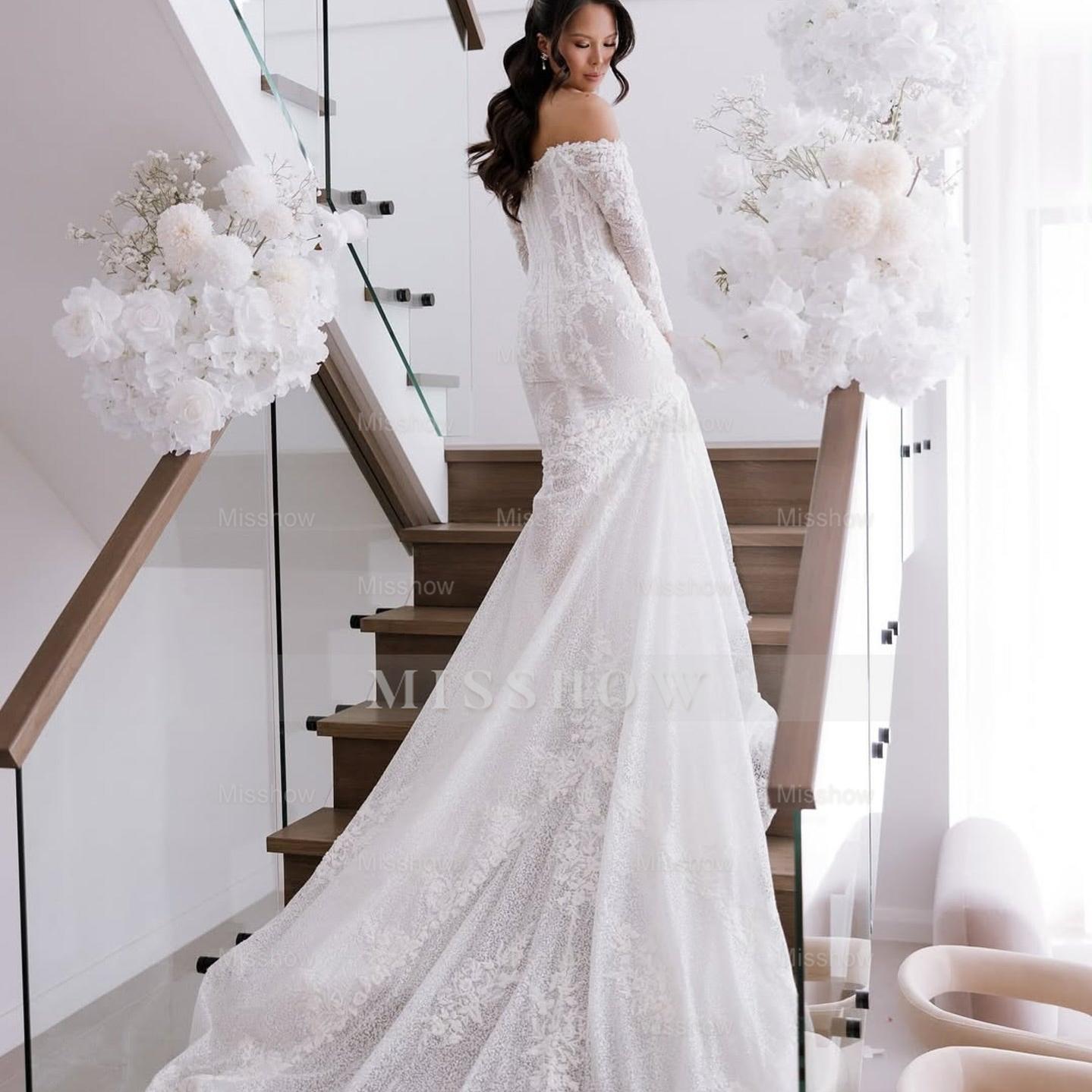 Elegant White Mermaid Strapless Off-The-Shoulder Beaded Lace Long Sleeves Cathedral Train Tulle Wedding Dress