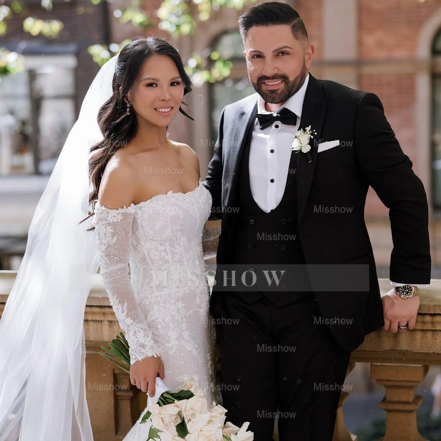 Elegant White Mermaid Strapless Off-The-Shoulder Beaded Lace Long Sleeves Cathedral Train Tulle Wedding Dress