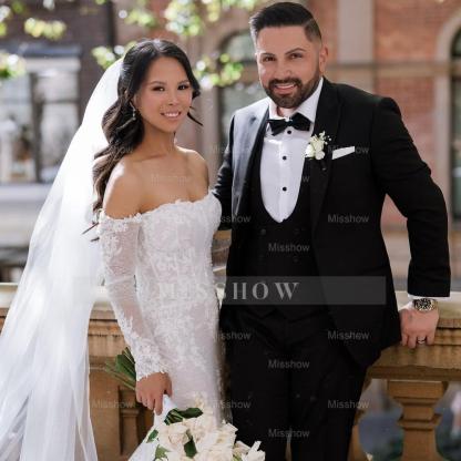 Elegant White Mermaid Strapless Off-The-Shoulder Beaded Lace Long Sleeves Cathedral Train Tulle Wedding Dress
