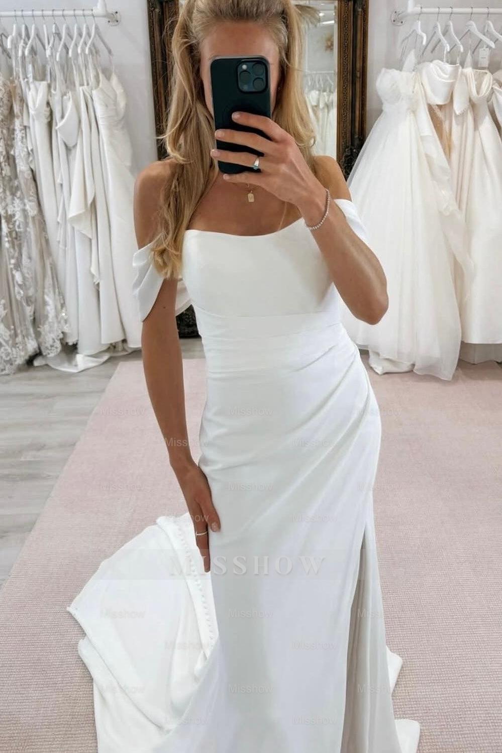 Elegant White Mermaid Strapless Off-The-Shoulder Sleeveless Chapel Train Simple Satin Wedding Dresses With Slit
