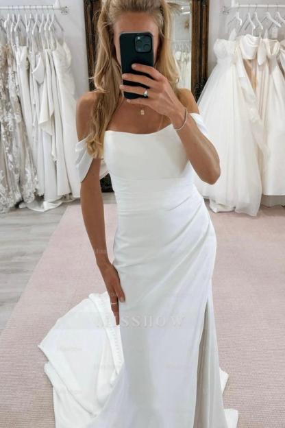 Elegant White Mermaid Strapless Off-The-Shoulder Sleeveless Chapel Train Simple Satin Wedding Dresses With Slit
