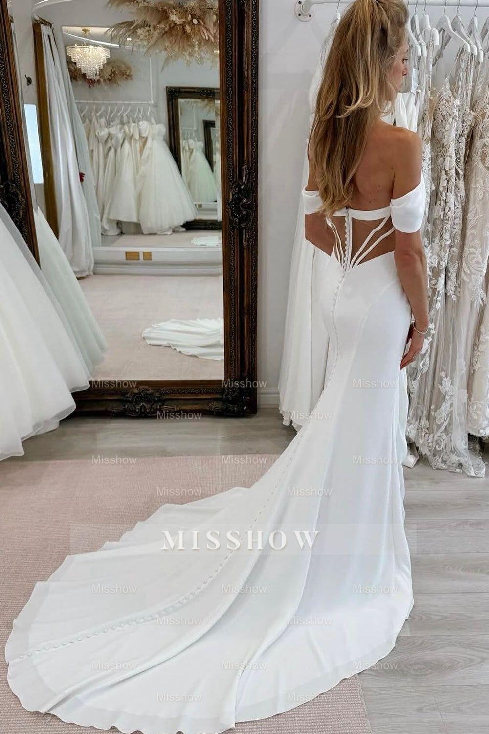 Elegant White Mermaid Strapless Off-The-Shoulder Sleeveless Chapel Train Simple Satin Wedding Dresses With Slit