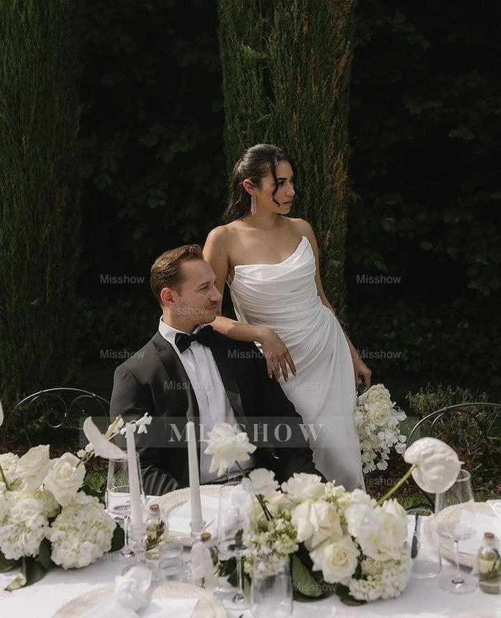 Elegant White Mermaid Strapless Sleeveless Ruffles Satin Chapel Train Wedding Dresses