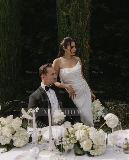 Elegant White Mermaid Strapless Sleeveless Ruffles Satin Chapel Train Wedding Dresses