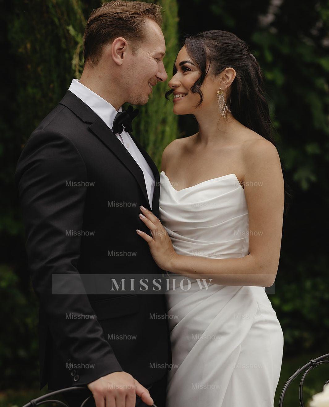 Elegant White Mermaid Strapless Sleeveless Ruffles Satin Chapel Train Wedding Dresses