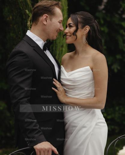 Elegant White Mermaid Strapless Sleeveless Ruffles Satin Chapel Train Wedding Dresses