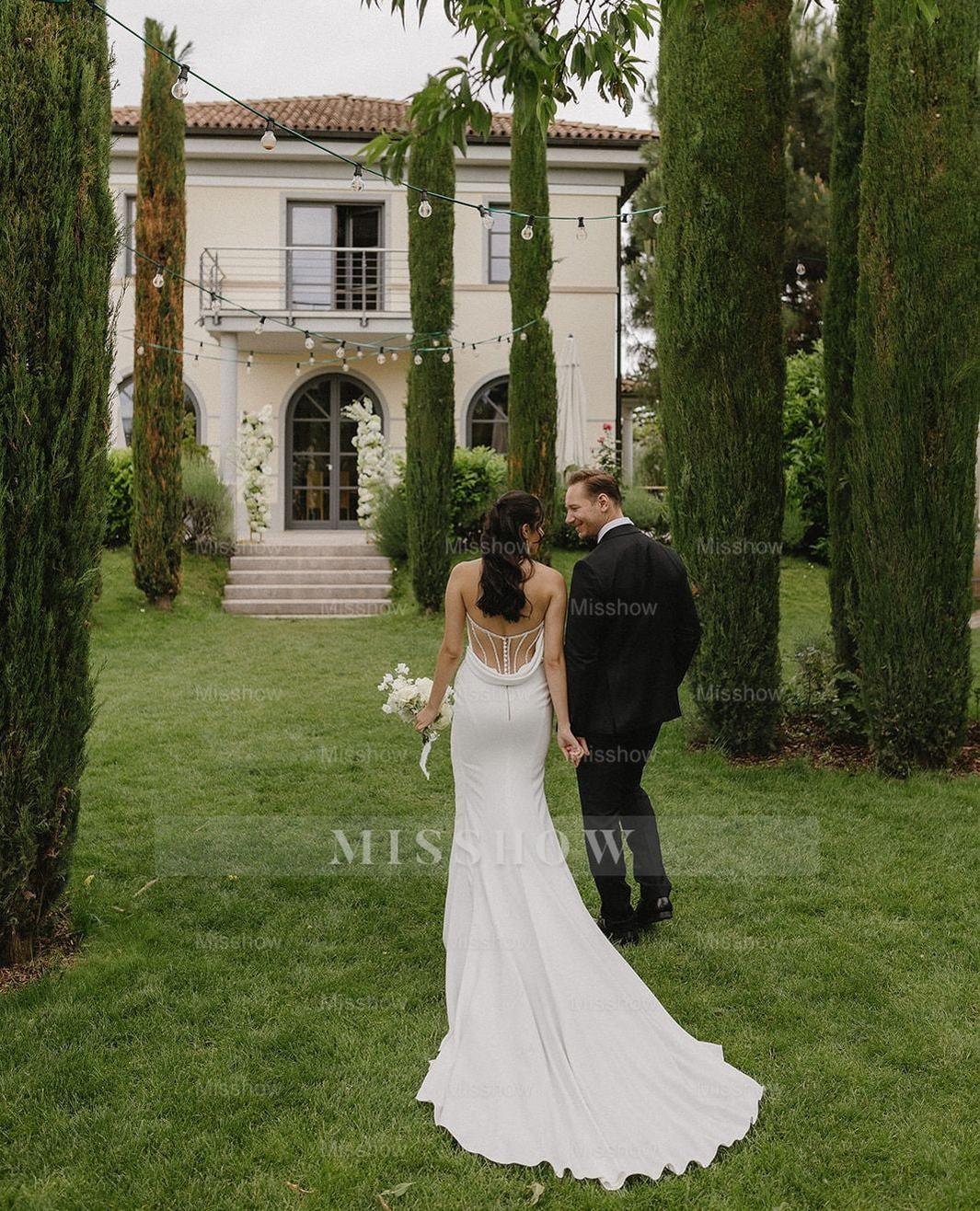 Elegant White Mermaid Strapless Sleeveless Ruffles Satin Chapel Train Wedding Dresses