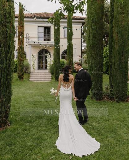 Elegant White Mermaid Strapless Sleeveless Ruffles Satin Chapel Train Wedding Dresses