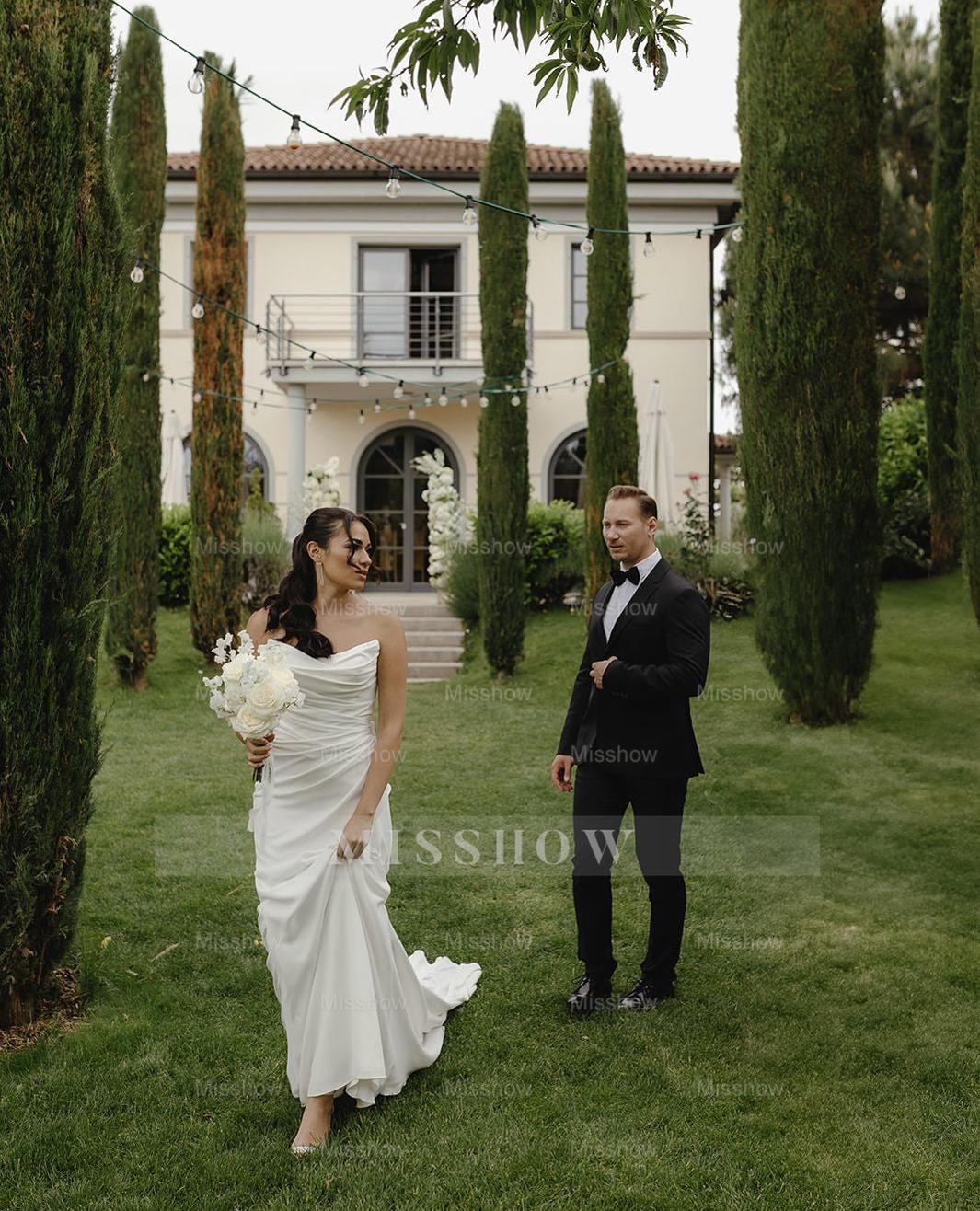 Elegant White Mermaid Strapless Sleeveless Ruffles Satin Chapel Train Wedding Dresses