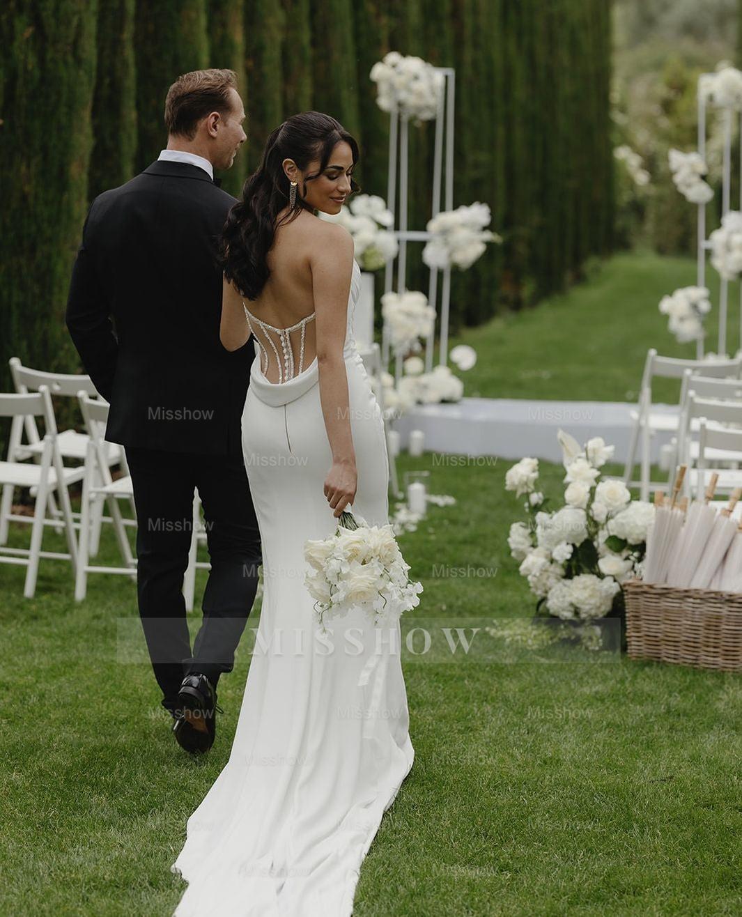 Elegant White Mermaid Strapless Sleeveless Ruffles Satin Chapel Train Wedding Dresses