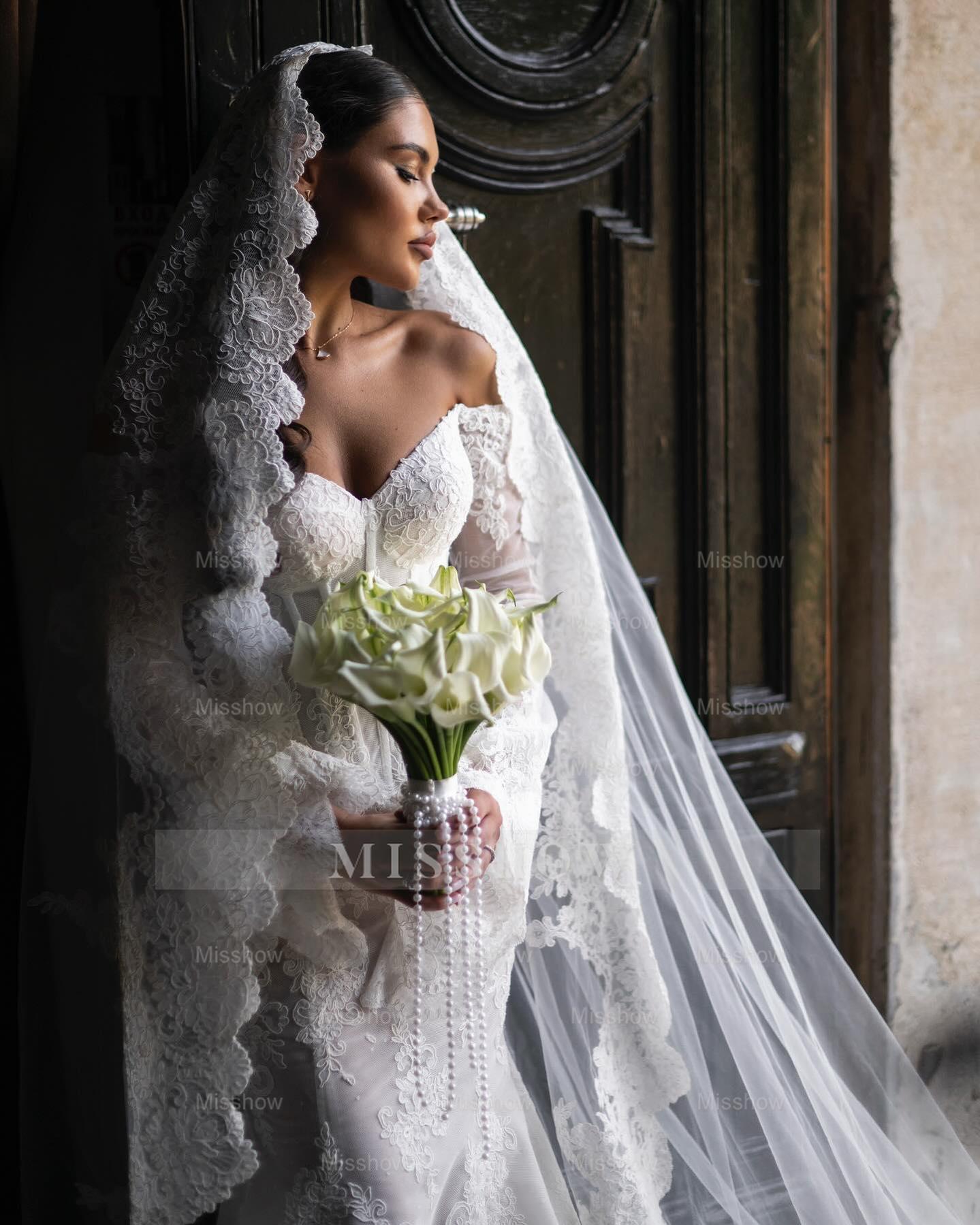 Elegant White Mermaid Sweetheart Off-The-Shoulder Long Sleeves Chapel Train Lace Wedding Dresses