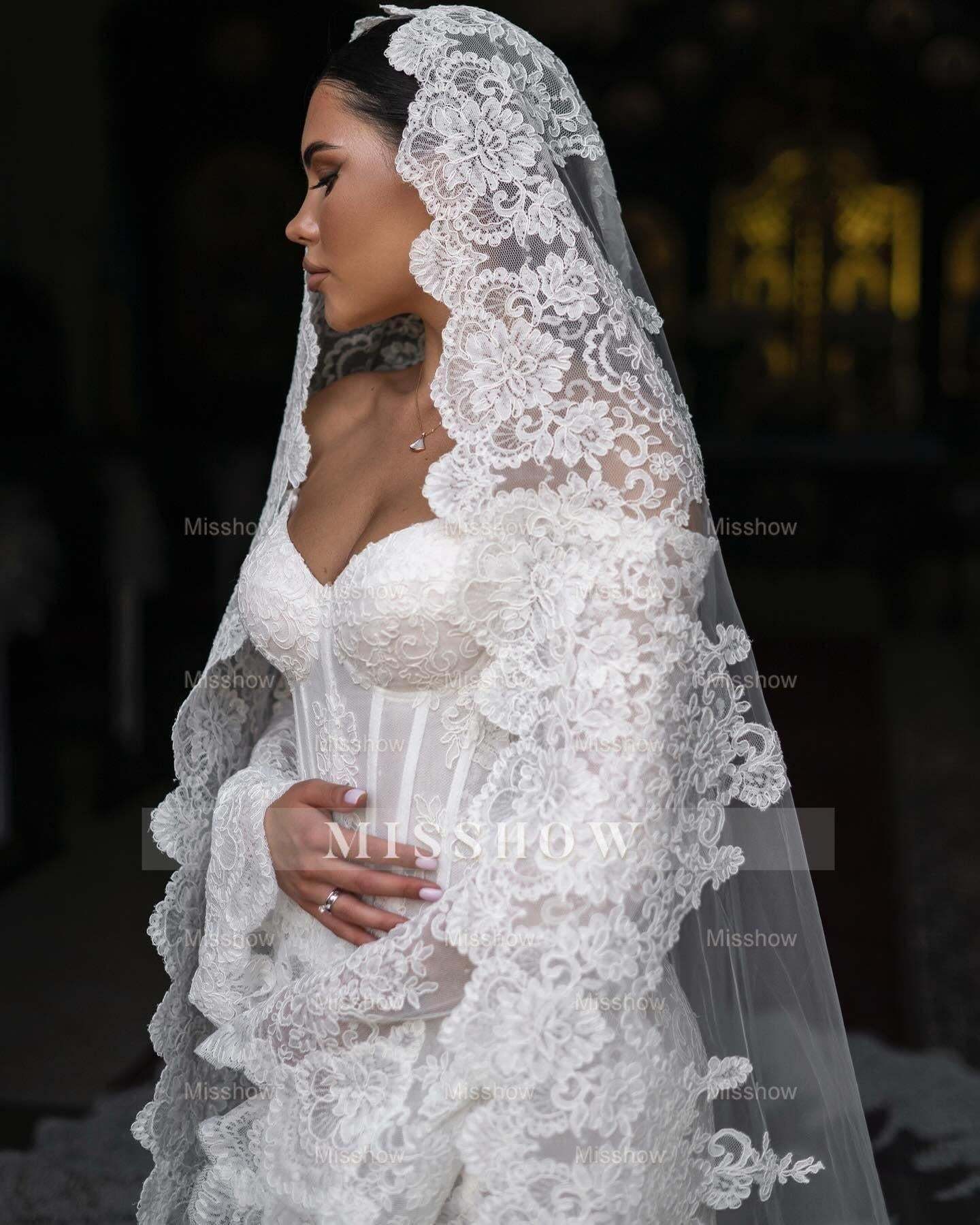 Elegant White Mermaid Sweetheart Off-The-Shoulder Long Sleeves Chapel Train Lace Wedding Dresses