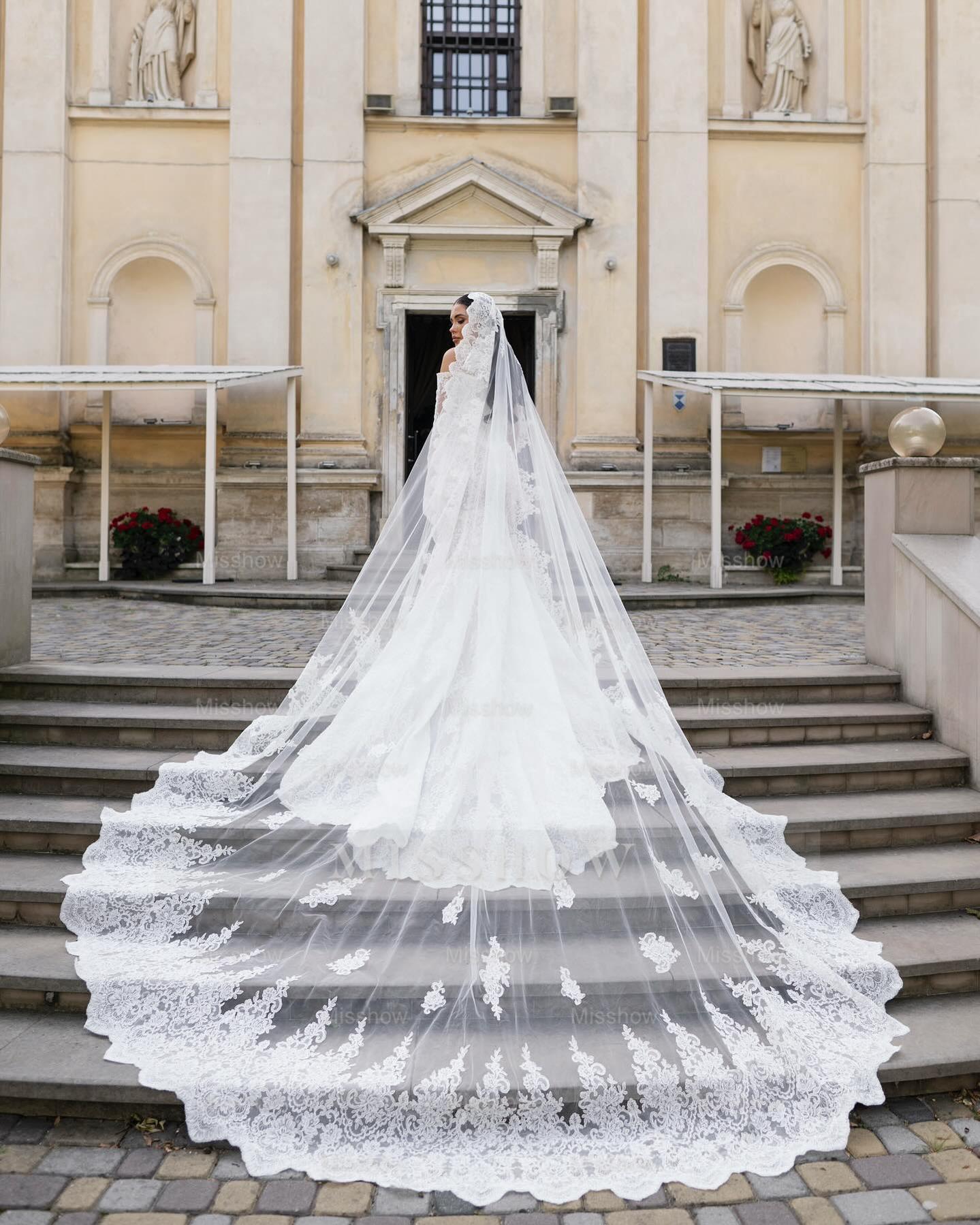 Elegant White Mermaid Sweetheart Off-The-Shoulder Long Sleeves Chapel Train Lace Wedding Dresses