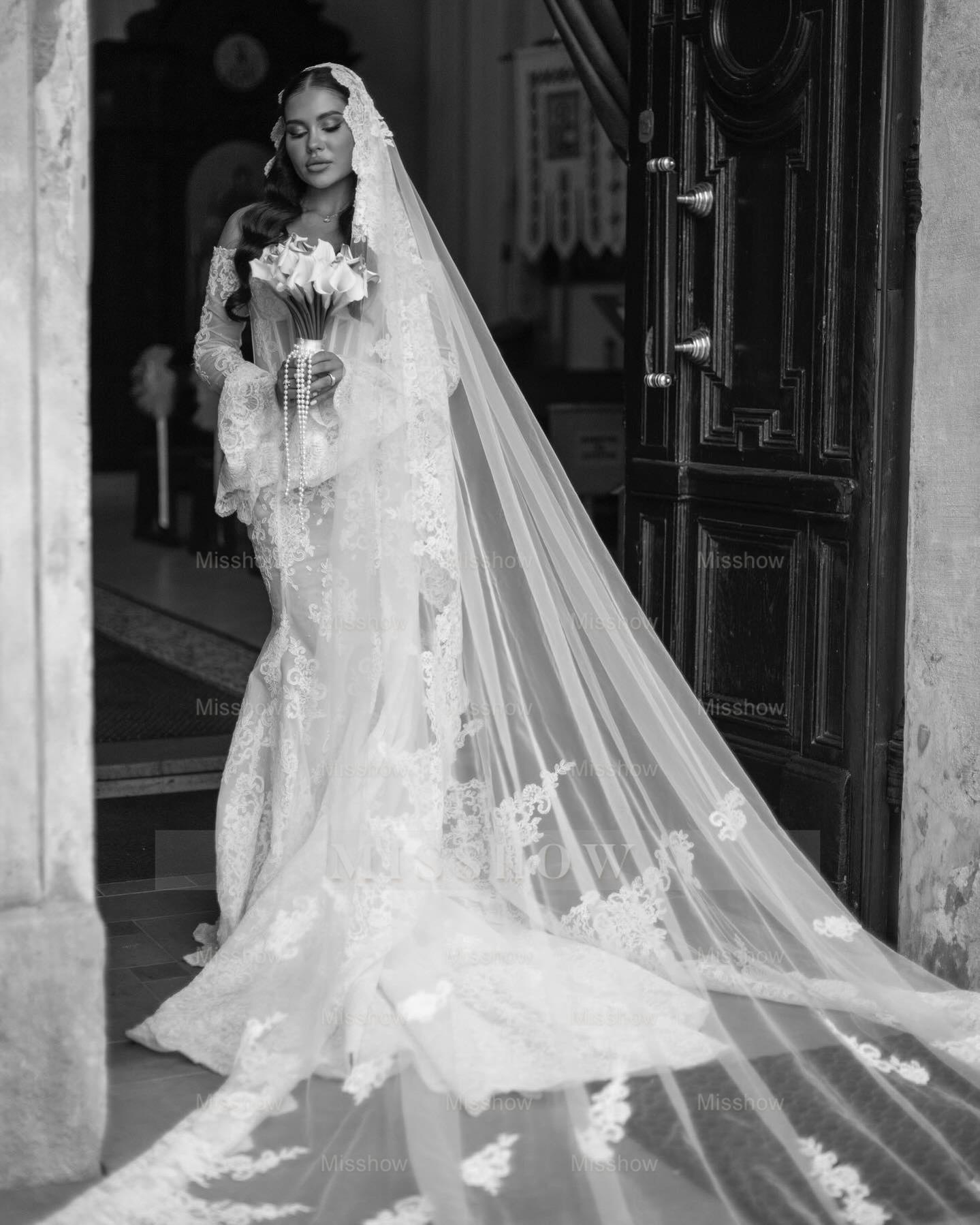 Elegant White Mermaid Sweetheart Off-The-Shoulder Long Sleeves Chapel Train Lace Wedding Dresses