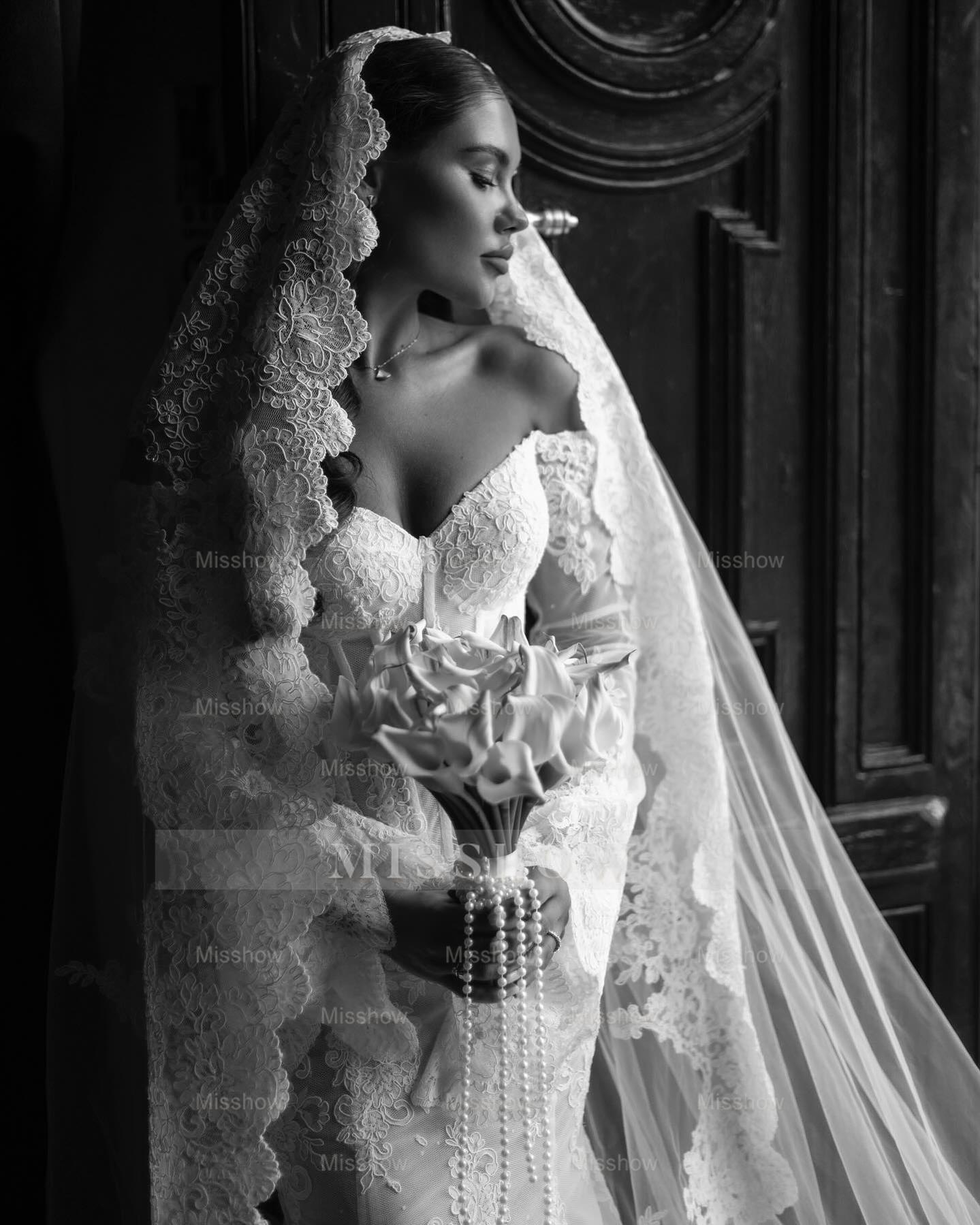 Elegant White Mermaid Sweetheart Off-The-Shoulder Long Sleeves Chapel Train Lace Wedding Dresses