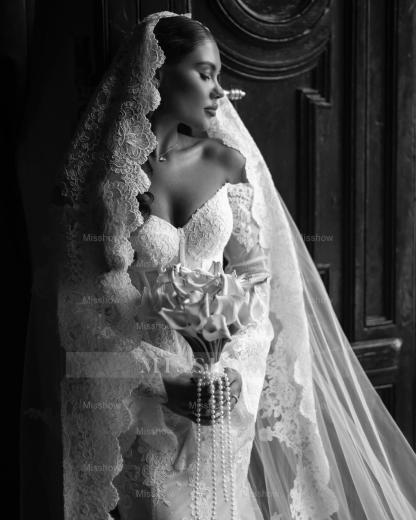 Elegant White Mermaid Sweetheart Off-The-Shoulder Long Sleeves Chapel Train Lace Wedding Dresses