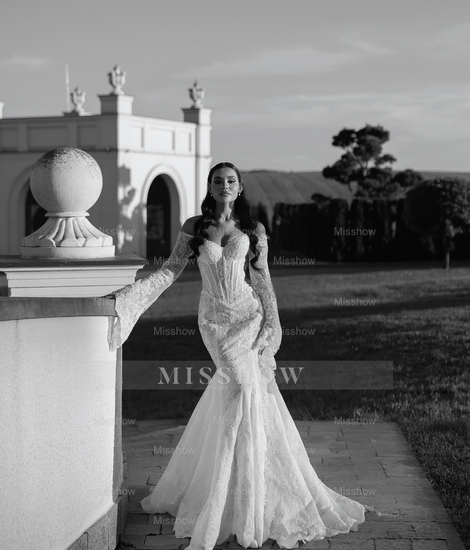 Elegant White Mermaid Sweetheart Off-The-Shoulder Long Sleeves Chapel Train Lace Wedding Dresses