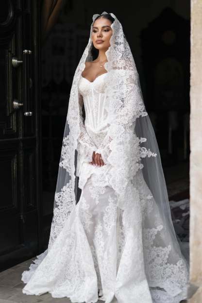 Elegant White Mermaid Sweetheart Off-The-Shoulder Long Sleeves Chapel Train Lace Wedding Dresses