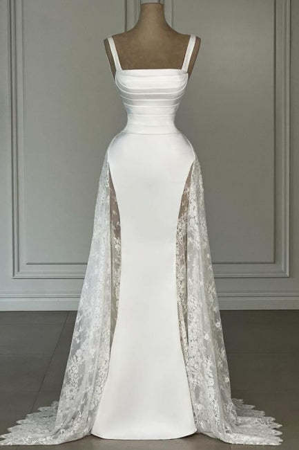 Elegant White Spaghetti Strap A-Line Sleeveless Satin Lace Floor-Length Simple Evening Dresses