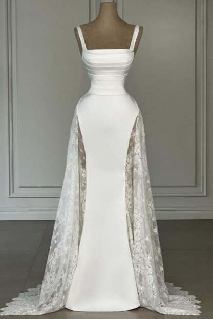 Elegant White Spaghetti Strap A-Line Sleeveless Satin Lace Floor-Length Simple Evening Dresses
