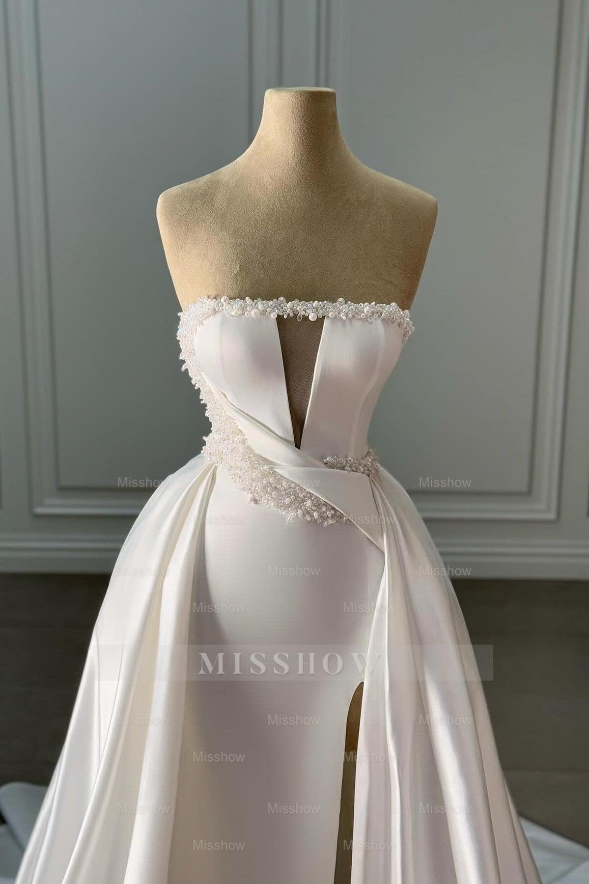 Elegant White Strapless Sleeveless Beaded Panel Train Ruffle Long Satin Wedding Dresses With Slit