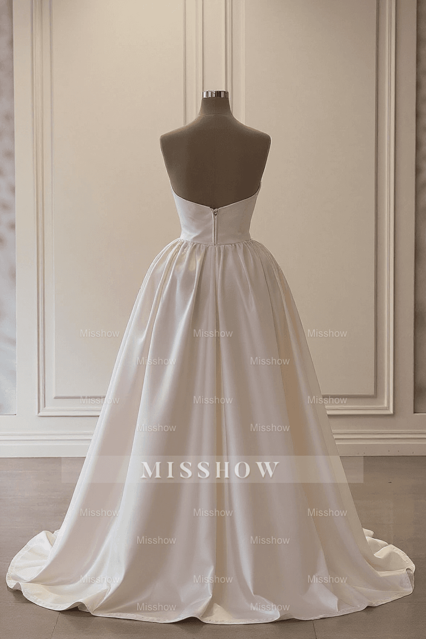 Elegant White Strapless Sleeveless Beaded Panel Train Ruffle Long Satin Wedding Dresses With Slit