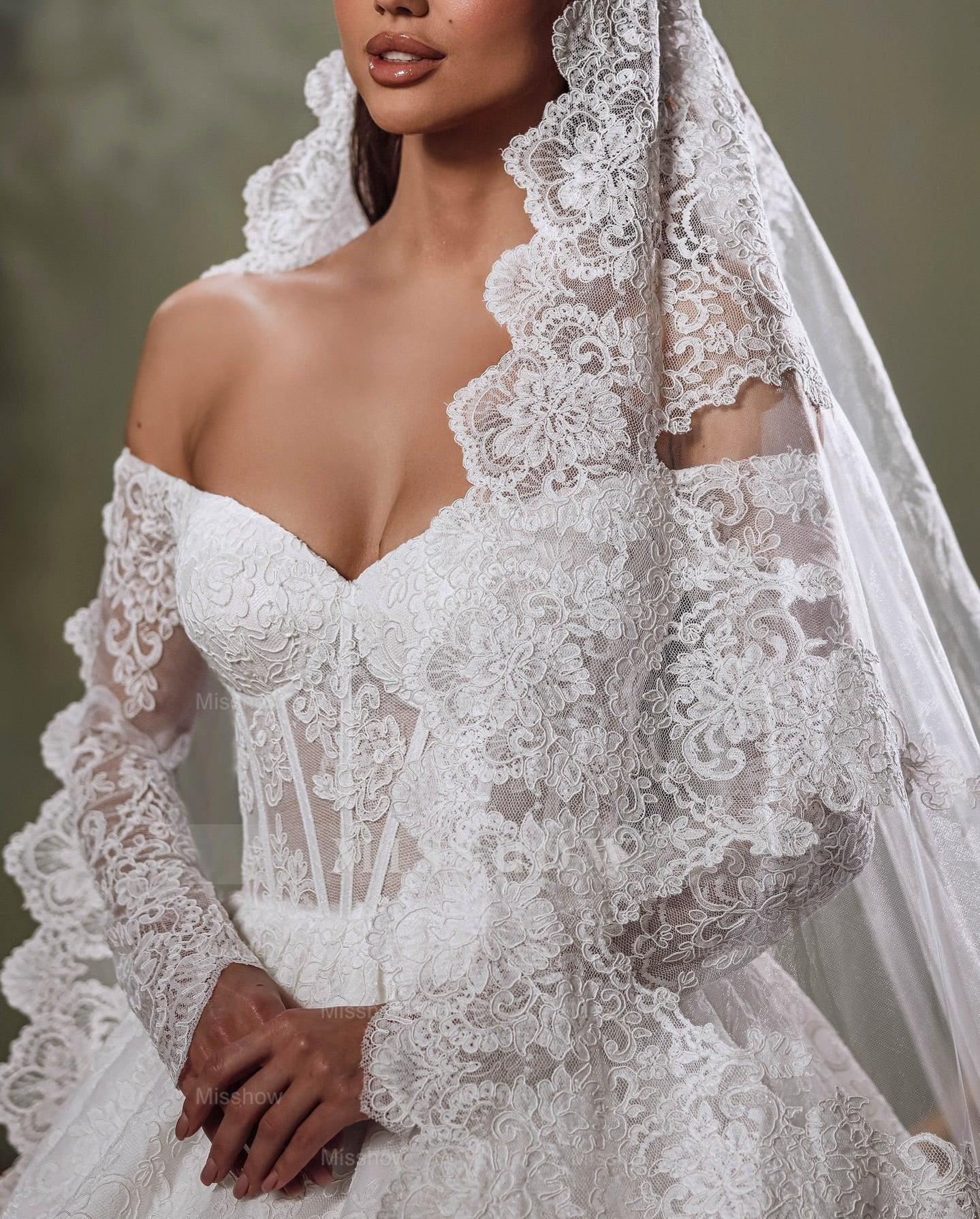 Elegant White Sweetheart Off-The-Shoulder Long Sleeves Ball Gown Cathedral Train Lace Wedding Dresses