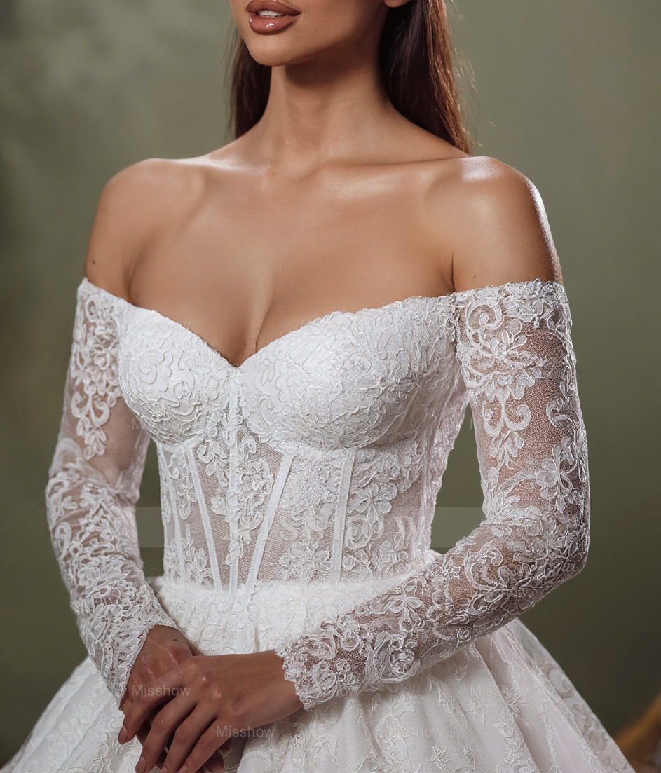 Elegant White Sweetheart Off-The-Shoulder Long Sleeves Ball Gown Cathedral Train Lace Wedding Dresses
