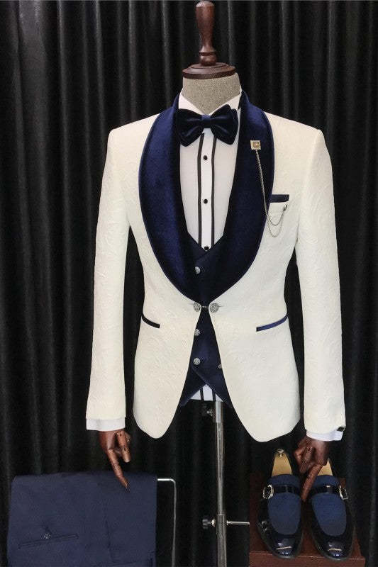 Elegant White Three-Piece Jacquard Suit with Navy Blue Shawl Lapel