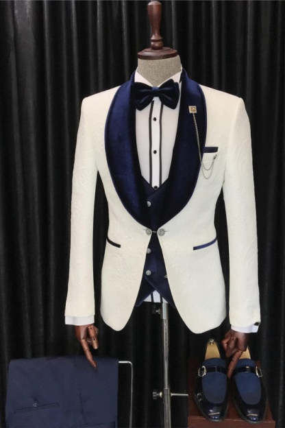 Elegant White Three-Piece Jacquard Suit with Navy Blue Shawl Lapel