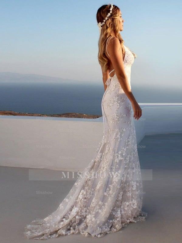 Elegant White V-Neck Backless Lace Mermaid Wedding Dress with Court Train - Boho Bridal Gown