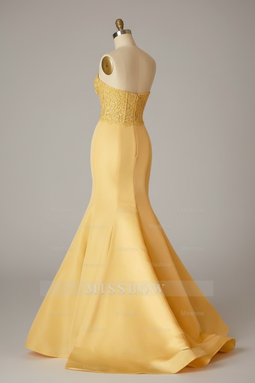 Elegant Yellow Lace Embroidered Mermaid Prom Dress with Beaded Corset