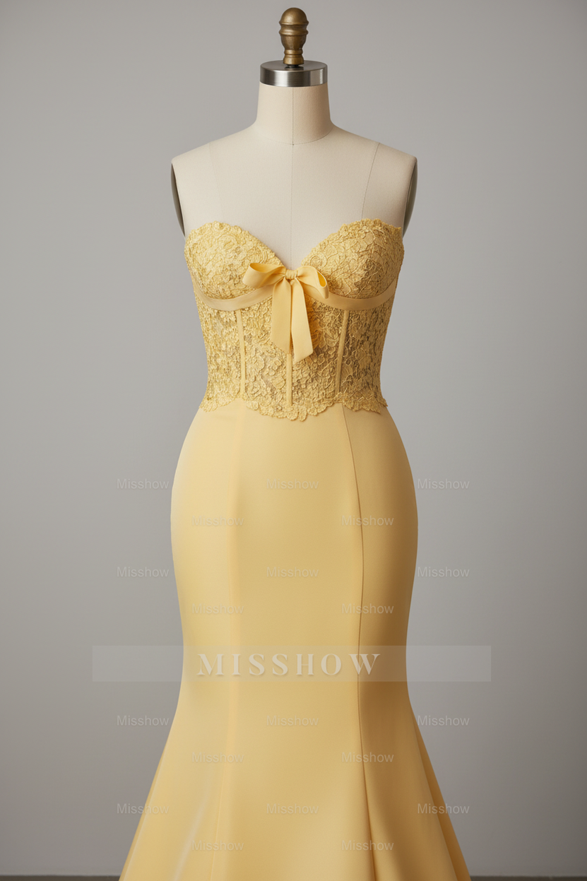 Elegant Yellow Lace Embroidered Mermaid Prom Dress with Beaded Corset