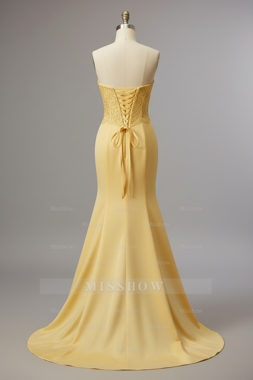 Elegant Yellow Lace Embroidered Mermaid Prom Dress with Beaded Corset