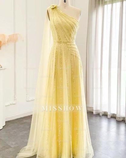 Elegant Yellow One Shoulder Sequined A-line Prom Dress With Slit