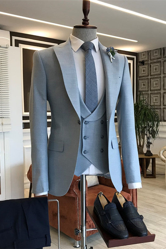 Sky Blue Peaked Lapel Three-Piece Glamorous Prom Outfit